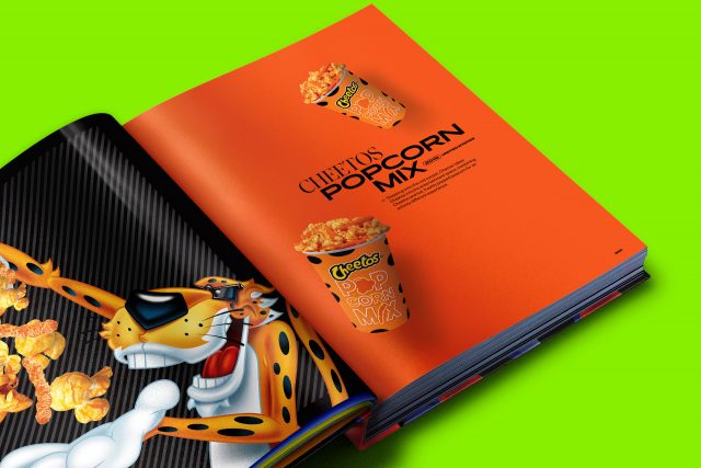 Editorial layout sample from PepsiCo global design book by JD&Co. — Cheetos packaging and bold brand visuals