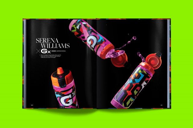 Editorial layout sample from PepsiCo global design book by JD&Co. — Gatorade Gx sports bottles with dynamic splash photography