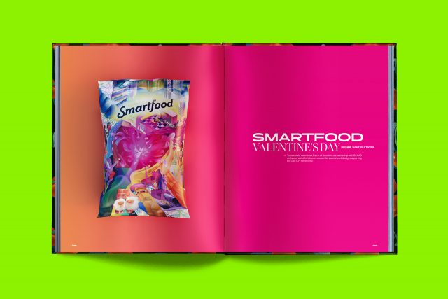 Editorial layout sample from PepsiCo global design book by JD&Co. — Smartfood Valentine’s Day edition packaging spread