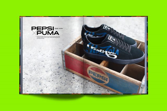 Editorial layout sample from PepsiCo global design book by JD&Co. — Pepsi x PUMA collaboration design spread