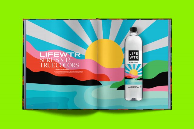 Editorial layout sample from PepsiCo global design book by JD&Co. — LIFEWTR Spring Edition bottle design spread
