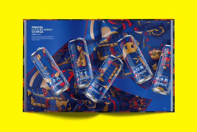 Editorial layout sample from PepsiCo global design book by JD&Co. — Pepsi limited-edition cultural artwork cans