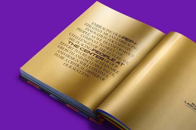 Editorial layout sample from PepsiCo global design book by JD&Co. — gold-themed brand values and typographic spread