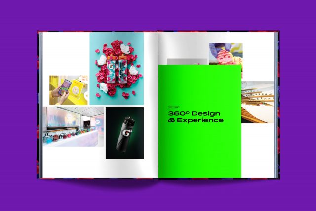 Editorial layout sample from PepsiCo global design book by JD&Co. — showcasing 360° design and experience work