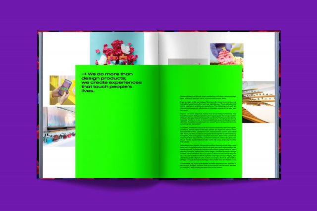 Editorial layout sample from PepsiCo global design book by JD&Co. — showcasing 360° design and experience work spread