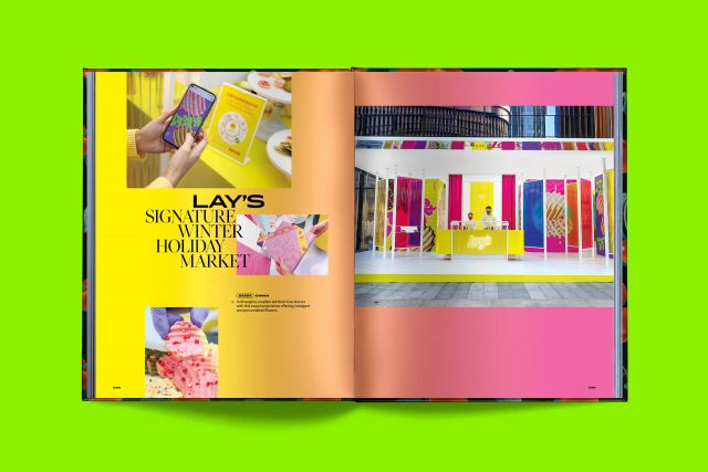 Editorial layout sample from PepsiCo global design book by JD&Co. — highlighting colorful retail displays and product storytelling