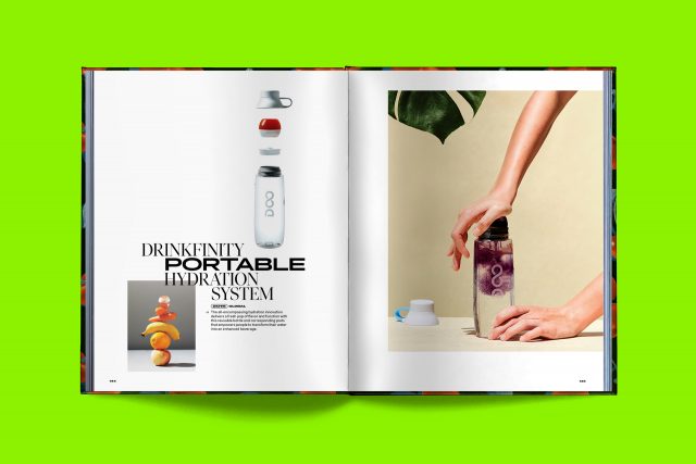 Editorial layout sample from PepsiCo global design book by JD&Co. — Drinkfinity Portable System bottle design
