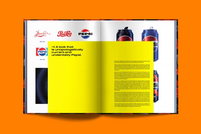 Editorial layout sample from PepsiCo global design book by JD&Co. — a spread with an inset spread