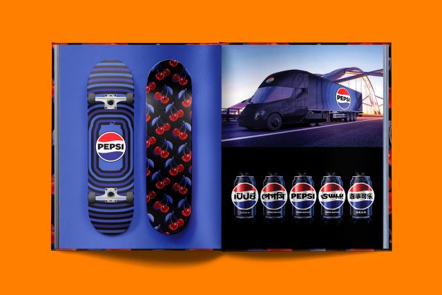 Editorial layout sample from the PepsiCo global design book by JD&Co — showcasing various applications of the new logo