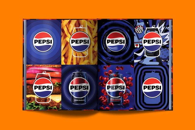 Editorial layout sample from the PepsiCo global design book by JD&Co — showing the new logo across different backgrounds