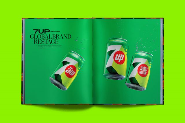 Editorial layout sample from PepsiCo global design book by JD&Co. — 7UP global brand restage can designs