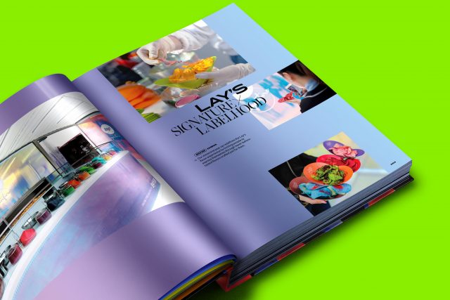 Editorial layout sample from PepsiCo global design book by JD&Co. — showcasing snack photography and lifestyle imagery